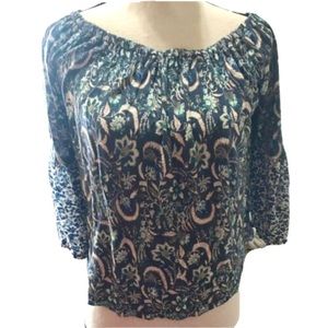 Lucky Brand Crop Top BOHO Paisley Pattern 3/4 Bell Sleeves Boat Neck Size XSmall